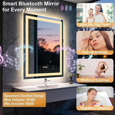 مرآة حمام LED مقاس 20 × 28 بوصة مع أضواء، مكبر صوت بلوتوث مزدوج، مضاد للضباب، 3 درجات حرارة ألوان، سطوع خافت، وظيفة الذاكرة، مقاومة للماء، تصميم مثبت على الحائط، زجاج مقسى in Saudi Arabia