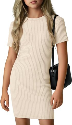 Girl's Short Sleeve Dress Ribbed Crewneck Bodycon Mini Pencil Dress Teen Party Dance Summer Slim Fit Clothes in Saudi Arabia