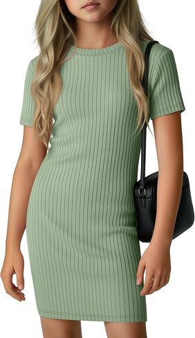 Girl's Short Sleeve Dress Ribbed Crewneck Bodycon Mini Pencil Dress Teen Party Dance Summer Slim Fit Clothes in Saudi Arabia