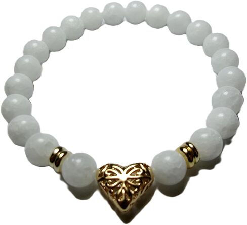 Enchanted Love Beaded Stretch Bracelet with 18 K Gold Plated Heart Charm and Gold Accent Spacers, Genuine Gemstone and Glass Beads, 8mm Beads in Kuwait
