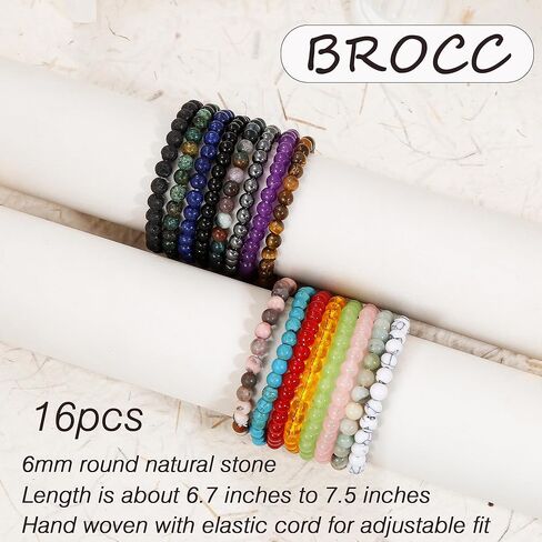 BROCC 16 قطعة من أساور الكريستال العلاجية الطبيعية للنساء والرجال، 6 مم خرز دائري أحجار كريمة قابلة للتمدد، مجموعة هدايا أساور من حجر الكريستال العلاجي in Kuwait