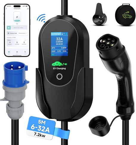 كابل شحن 7.2kW 5M نوع 2، 6/8/10/13/16/20/24/32A تيار قابل للتعديل، كابل شحن نوع 2 سيارة كهربائية نوع 2، شاحن EV مع حقيبة in Kuwait