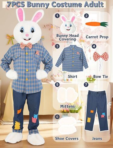 7 Pcs Easter Bunny Costume Adult Rabbit Suit Costume For Men with Headcover Fancy Dress Outfit for Easter Holiday in Kuwait