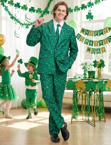 بدلة عيد القديس باتريك للرجال، زي فاخر للرجال في يوم القديس باتريك للبالغين، زي أخضر محظوظ لحفلات العطلات in Kuwait