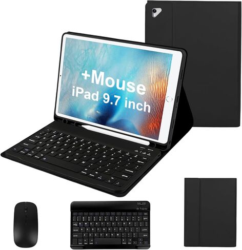 حافظة لجهاز iPad Pro 9.7 بوصة مع لوحة مفاتيح وماوس لجهاز iPad 2018 (الجيل السادس)/ 2017 (الجيل الخامس)، حافظة لوحة مفاتيح مع ماوس لجهاز iPad Pro/Air 2/1 2016، غطاء لوحة مفاتيح لاسلكي قابل للفصل مع حامل أقلام، BK in Kuwait