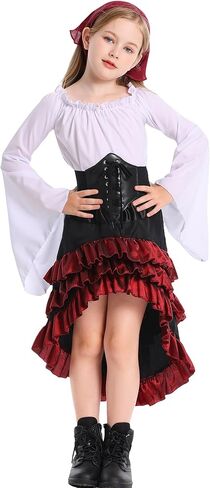 Happy Cherry Girls Retro Irregular Ruffle High Waist Pirate Shirt Skirt Corset Waist Belt Halloween Pirate Costumes in Saudi Arabia