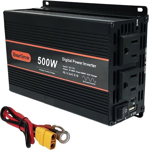 محول طاقة بموجة جيبية نقية 500 واط، تيار مستمر 12 فولت إلى تيار متردد 110 فولت مع 2 منافذ تيار متردد، 1 منفذ USB-A و1 منفذ USB-C للسيارة والمركبات الترفيهية والشاحنات in Kuwait