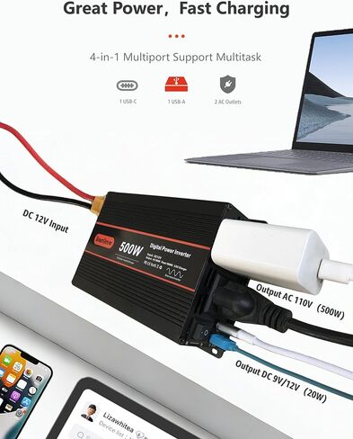 محول طاقة بموجة جيبية نقية 500 واط، تيار مستمر 12 فولت إلى تيار متردد 110 فولت مع 2 منافذ تيار متردد، 1 منفذ USB-A و1 منفذ USB-C للسيارة والمركبات الترفيهية والشاحنات in Kuwait