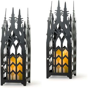 AIM & GGKK فانوس شمعة مزخرف قوطي - مجموعة من 2 فانوس معدني أسود للداخل والخارج، معلق أو ديكور فانوس الطاولة للشرفة، القطع المركزية - فوانيس شمعة ديكور لديكور المنزل in Kuwait
