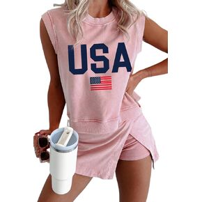 Women's Light Pink USA Flag Graphic Tank Top and Skort Set - Casual Summer Outfit in Saudi Arabia