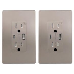 منفذ USB من TOPGREENER، منفذ حائط من النوع C ونوع A، قابس وعاء مقاوم للعبث 15 أمبير، منفذ طاقة شحن مع منافذ USB، لوحة حائط متضمنة، قائمة UL، TU21536AC-GDWSI-2PCS، ذهبي، عبوتان in Kuwait