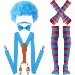 5 PCS World Book Day Thing Costume Accessories, Blue Wig Bowtie Suspenders Gloves and Tights for 101 Days of School Role-Playing Reading Week Party Costume Supplies in Saudi Arabia