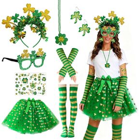 Auch St. Patrick’s Day Green Costume Accessories Set for Women, Irish Shamrock Outfit with Tutu Skirt, Headband, Glasses, Earrings, Necklace, Arm Sleeves, Long Socks and Glitter Temporary Tattoos in Saudi Arabia