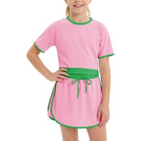 WISREMT Girls Short Sleeve T-Shirt and Skirt Set, 2 Piece Summer Outfits Kids Teens Top Shorts Clothing Set, Sport Tracksuits in Kuwait