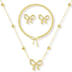 مجموعة مجوهرات ذهبية للنساء عقد على شكل فيونكة وأقراط وسوار على شكل فيونكة صغيرة قلادة أنيقة على شكل قلادة مطلية بالذهب عيار 14 قيراط ومطرزة بسوار قابل للتكديس على شكل فيونكة هدايا مجوهرات in Kuwait