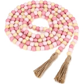 Valentine’s Day Wood Bead Garland Decor, 9.8FT Boho Farmhouse Wooden Beads with Tassels, Neutral Pink Rustic Beaded Garland for Mantel, Tiered Tray, Entryway Shelf(Pink) in Saudi Arabia