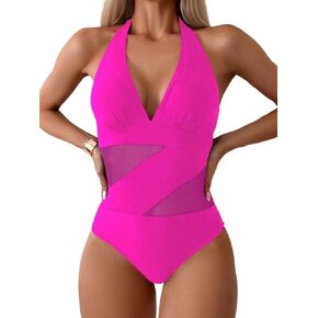 Womens Backless Halter Neck Full Cup Monokini Swimsuit - Hot Pink Casual Beachwear for Summer 2026 in Saudi Arabia