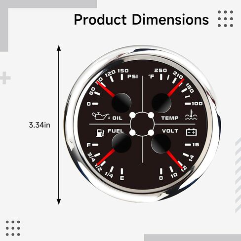 مقياس قارب متعدد الوظائف 4 في 1: ضغط الزيت، درجة حرارة الماء، مستوى الوقود، مقياس الجهد الكهربي، 3.3 بوصة / 8.5 سم، 9-32 فولت تيار مستمر، 316 فولاذ مقاوم للصدأ in Kuwait
