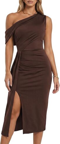 Women One Shoulder Formal Evening Cocktail Party Midi Dress Spring Bodycon Asymmetrical Slit Wedding Guest Dresses in Saudi Arabia