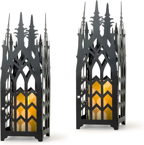 AIM & GGKK فانوس شمعة مزخرف قوطي - مجموعة من 2 فانوس معدني أسود للداخل والخارج، معلق أو ديكور فانوس الطاولة للشرفة، القطع المركزية - فوانيس شمعة ديكور لديكور المنزل in Kuwait