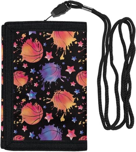 Basketball Painting Kids Wallet for Boys Girls Trifold Canvas Wallet with Lanyard, Cash Pocket and Card Holders Trifold Wallets in Saudi Arabia
