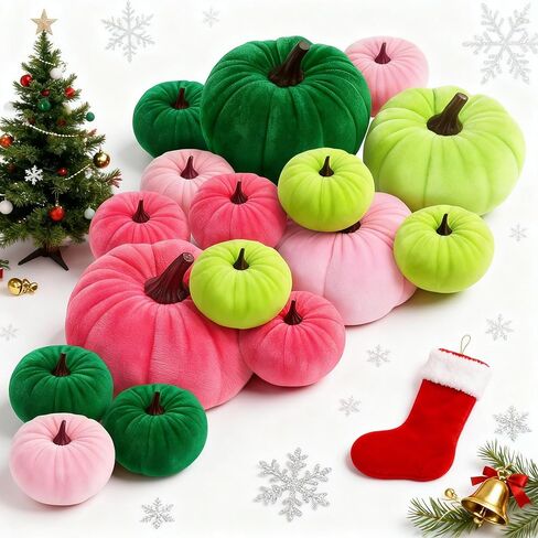 16 Pcs Christmas Velvet Pumpkins Decor Pink and Green Harvest Christmas Artificial Rustic Pumpkins Decoration Fabric Foam Fake for Holiday Gifts Farmhouse Xams Table Centerpiece in Saudi Arabia