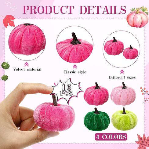 16 Pcs Christmas Velvet Pumpkins Decor Pink and Green Harvest Christmas Artificial Rustic Pumpkins Decoration Fabric Foam Fake for Holiday Gifts Farmhouse Xams Table Centerpiece in Saudi Arabia
