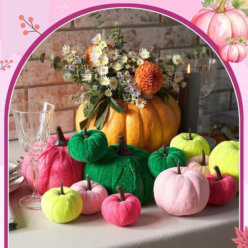 16 Pcs Christmas Velvet Pumpkins Decor Pink and Green Harvest Christmas Artificial Rustic Pumpkins Decoration Fabric Foam Fake for Holiday Gifts Farmhouse Xams Table Centerpiece in Saudi Arabia