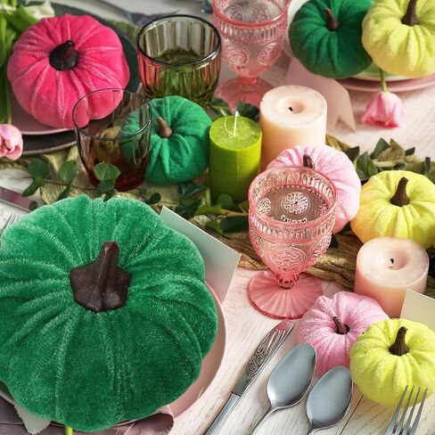 16 Pcs Christmas Velvet Pumpkins Decor Pink and Green Harvest Christmas Artificial Rustic Pumpkins Decoration Fabric Foam Fake for Holiday Gifts Farmhouse Xams Table Centerpiece in Saudi Arabia