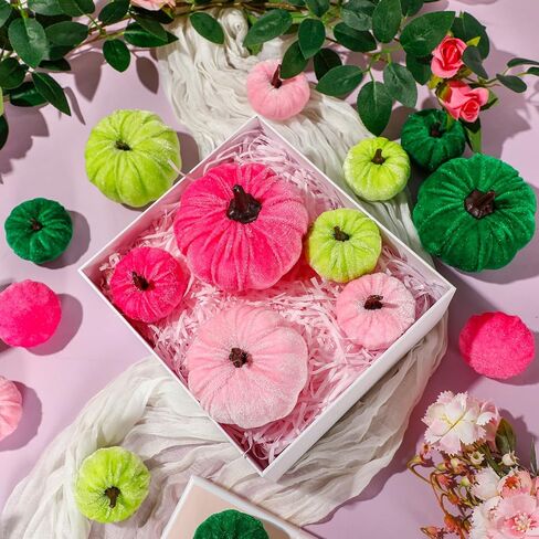 16 Pcs Christmas Velvet Pumpkins Decor Pink and Green Harvest Christmas Artificial Rustic Pumpkins Decoration Fabric Foam Fake for Holiday Gifts Farmhouse Xams Table Centerpiece in Saudi Arabia