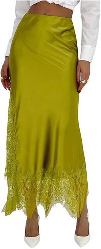 SOLY HUX Women's Satin Lace Maxi Skirt Low Rise Fishtail Bodycon Going Out Party Long Skirts in Saudi Arabia