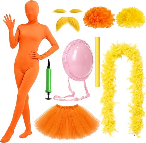 Shihanee 8 Pcs Orange Costume Set Jumpsuit Fake Mustache Tutu Fake Belly Pom Poms Feather Boa Baton for Halloween Cosplay in Saudi Arabia