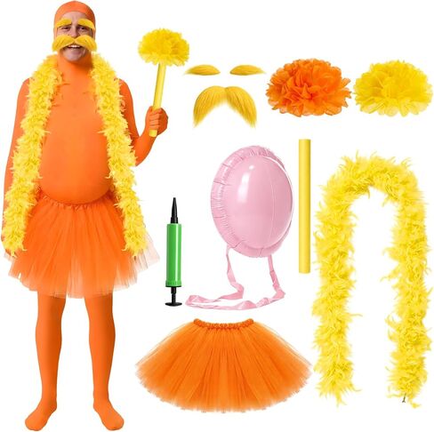 Shihanee 8 Pcs Orange Costume Set Jumpsuit Fake Mustache Tutu Fake Belly Pom Poms Feather Boa Baton for Halloween Cosplay in Saudi Arabia