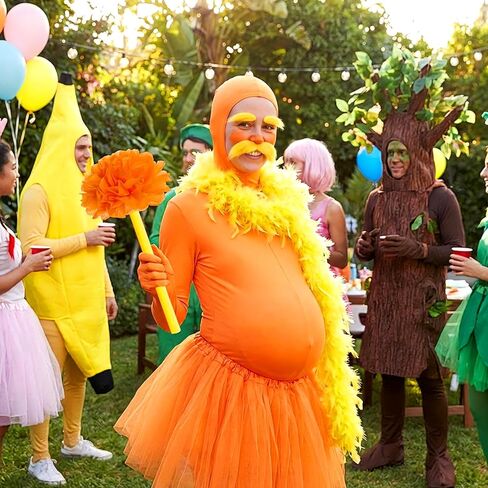 Shihanee 8 Pcs Orange Costume Set Jumpsuit Fake Mustache Tutu Fake Belly Pom Poms Feather Boa Baton for Halloween Cosplay in Saudi Arabia