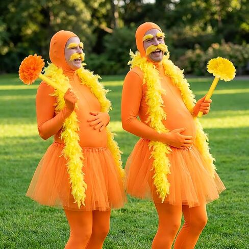Shihanee 8 Pcs Orange Costume Set Jumpsuit Fake Mustache Tutu Fake Belly Pom Poms Feather Boa Baton for Halloween Cosplay in Saudi Arabia