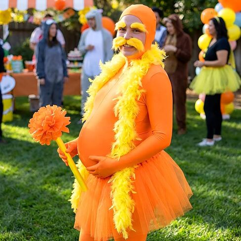 Shihanee 8 Pcs Orange Costume Set Jumpsuit Fake Mustache Tutu Fake Belly Pom Poms Feather Boa Baton for Halloween Cosplay in Saudi Arabia
