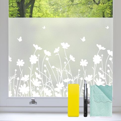 Bloss Frosted Glass Window Privacy Film,Decorative Windows Films,Bathroom Window Privacy Film,Spring Windows Clings Non-Adhesive Windows Sticker for Home Office Heat Control Anti UV,17.5 x 78.7inches in Kuwait