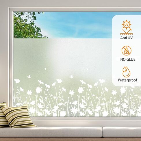 Bloss Frosted Glass Window Privacy Film,Decorative Windows Films,Bathroom Window Privacy Film,Spring Windows Clings Non-Adhesive Windows Sticker for Home Office Heat Control Anti UV,17.5 x 78.7inches in Kuwait