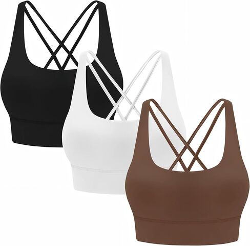 3 حمالات صدر رياضية بأشرطة للنساء - بلوزة يوغا مبطنة بظهر متقاطع in Kuwait