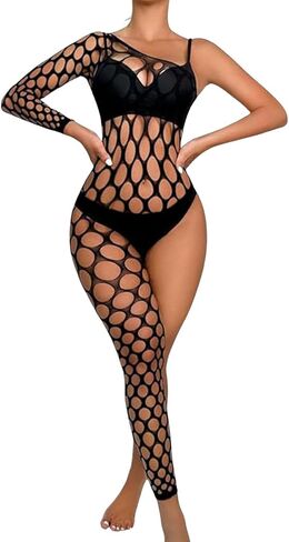 Women’s Fishnet BodyStocking Sexy Lingerie Mesh Bodysuits One Shoulder One Leg Long Sleeve Jumpsuit Nightwear in Saudi Arabia