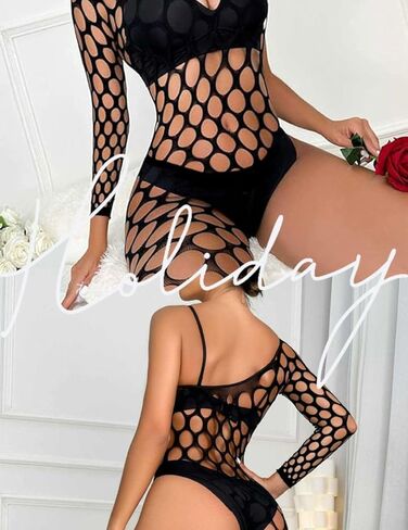 Women’s Fishnet BodyStocking Sexy Lingerie Mesh Bodysuits One Shoulder One Leg Long Sleeve Jumpsuit Nightwear in Saudi Arabia