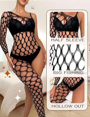 Women’s Fishnet BodyStocking Sexy Lingerie Mesh Bodysuits One Shoulder One Leg Long Sleeve Jumpsuit Nightwear in Saudi Arabia