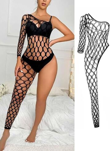 Women’s Fishnet BodyStocking Sexy Lingerie Mesh Bodysuits One Shoulder One Leg Long Sleeve Jumpsuit Nightwear in Saudi Arabia