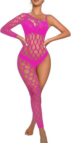 Women’s Fishnet BodyStocking Sexy Lingerie Mesh Bodysuits One Shoulder One Leg Long Sleeve Jumpsuit Nightwear in Saudi Arabia