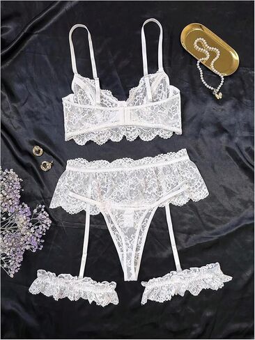 Verdusa Women's 4 Piece Lace Sheer Lingerie Sets Underwire Bra Micro Mini Skirt and Thong with Garter in Saudi Arabia