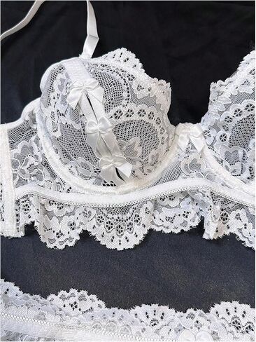 Verdusa Women's 4 Piece Lace Sheer Lingerie Sets Underwire Bra Micro Mini Skirt and Thong with Garter in Saudi Arabia