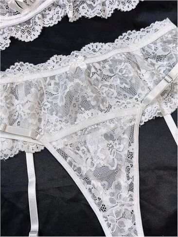 Verdusa Women's 4 Piece Lace Sheer Lingerie Sets Underwire Bra Micro Mini Skirt and Thong with Garter in Saudi Arabia