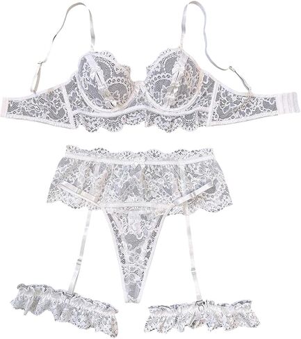Verdusa Women's 4 Piece Lace Sheer Lingerie Sets Underwire Bra Micro Mini Skirt and Thong with Garter in Saudi Arabia