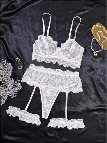 Verdusa Women's 4 Piece Lace Sheer Lingerie Sets Underwire Bra Micro Mini Skirt and Thong with Garter in Saudi Arabia