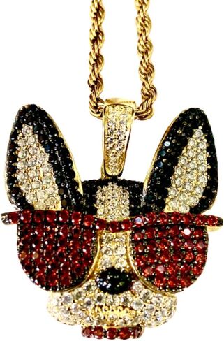FRENCH BULL DOG Men Women 925 Italy Gold Finish Iced Silver Charm Ice Out Pendant Stainless Steel Real 3 mm Rope Chain, Mans Jewelry, Iced Pendant, Rope Necklace 16"- 24" in Saudi Arabia